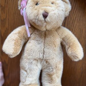 Adorable Tan BUILD A BEAR Teddy Bear with Pink Ribbon